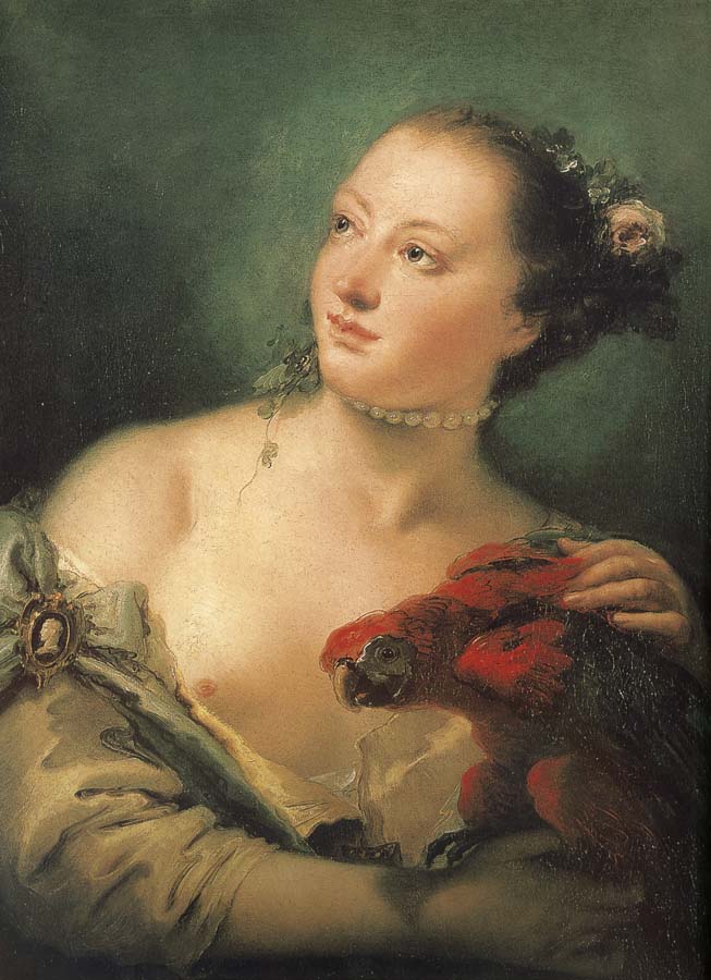 There are parrot portrait of young woman